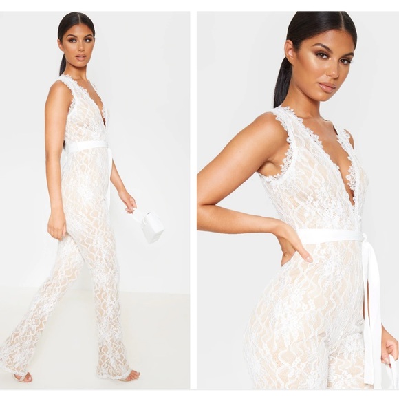 PLT- White Lace Contrast Plunge Jumpsuit - Picture 2 of 3